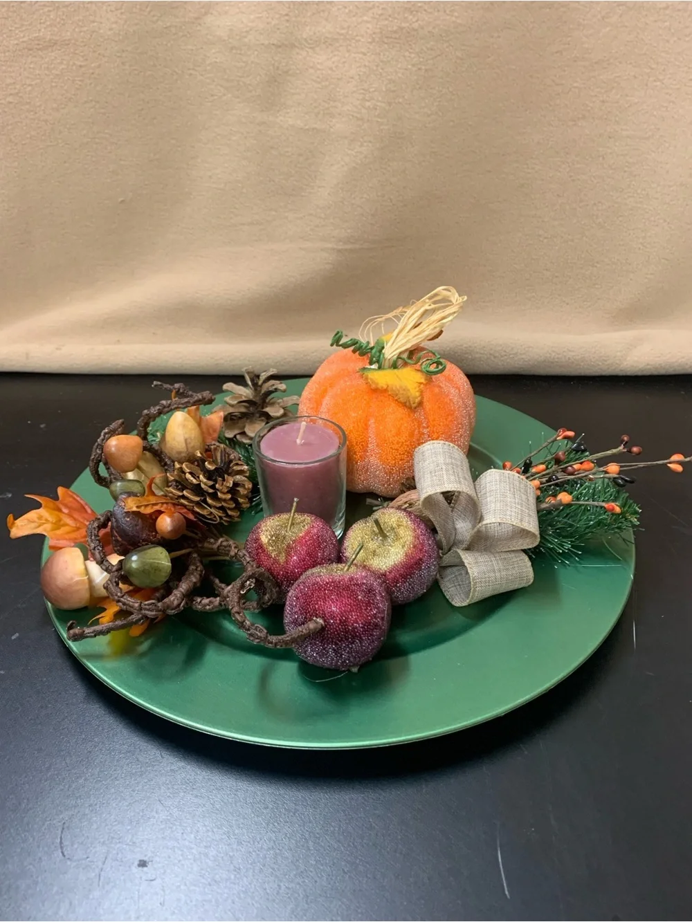 Harvest Pumpkin Candle Centerpiece in Orange and Green